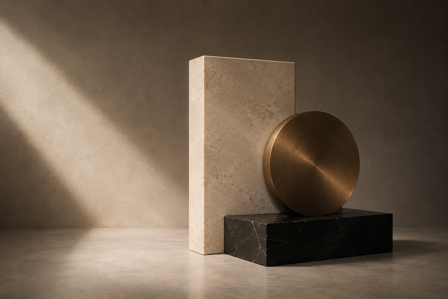 Brass disc on stone and black marble in warm light